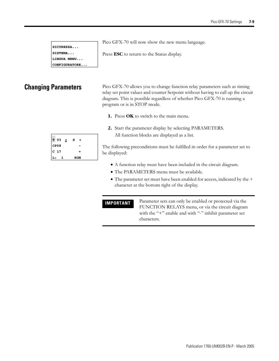 Changing parameters, Changing parameters -9 | Rockwell Automation 1760-xxxx Pico GFX-70 Controllers User Manual User Manual | Page 337 / 400