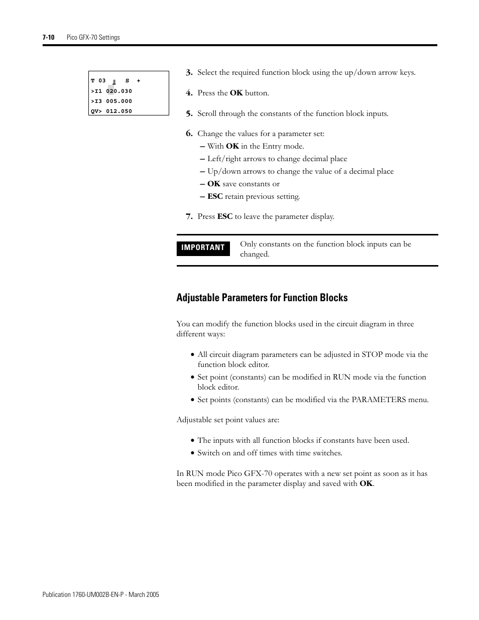 Adjustable parameters for function blocks -10, Adjustable parameters for function blocks | Rockwell Automation 1760-xxxx Pico GFX-70 Controllers User Manual User Manual | Page 338 / 400