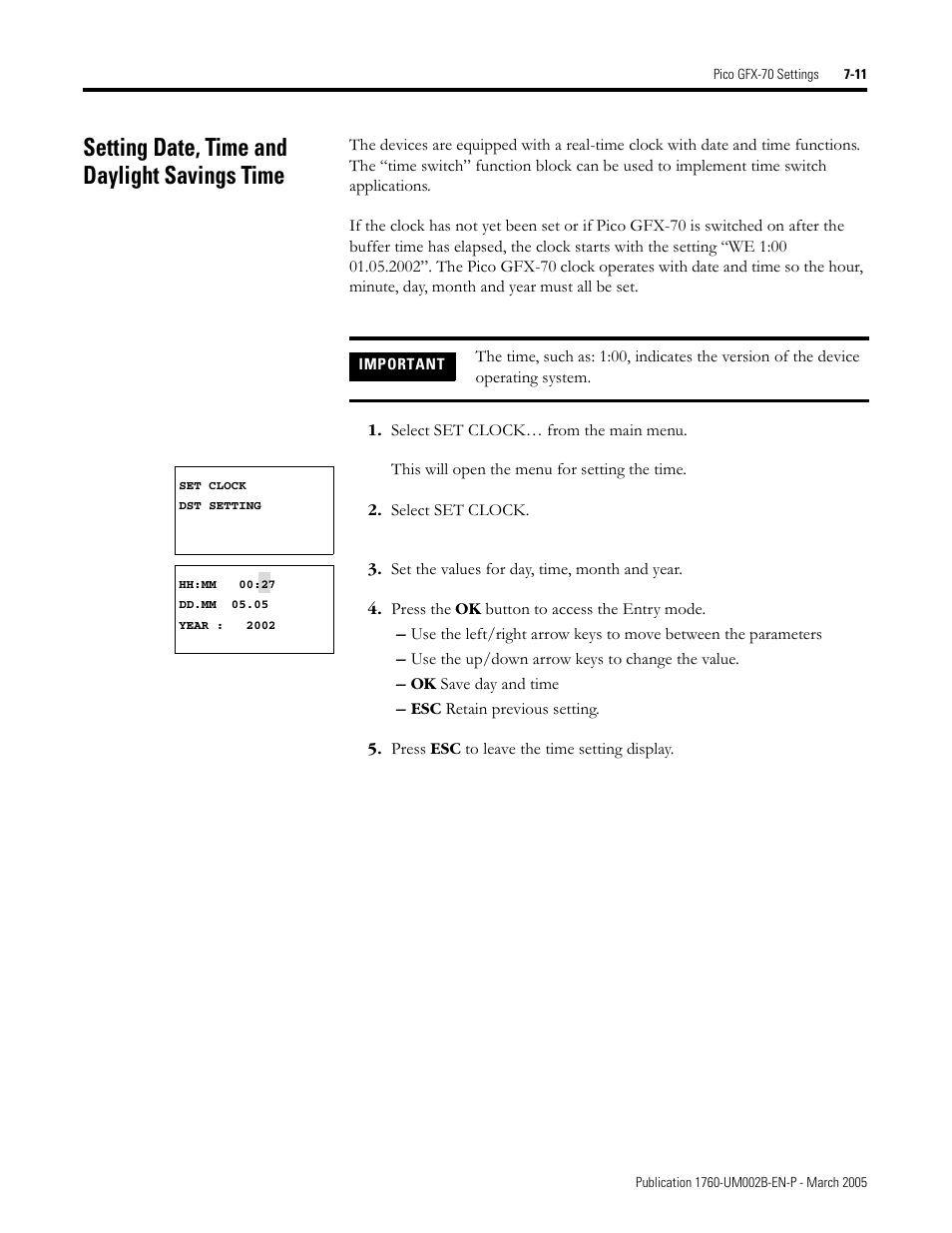 Setting date, time and daylight savings time, Setting date, time and daylight savings time -11, Setting date, time and daylight savings time o | Rockwell Automation 1760-xxxx Pico GFX-70 Controllers User Manual User Manual | Page 339 / 400