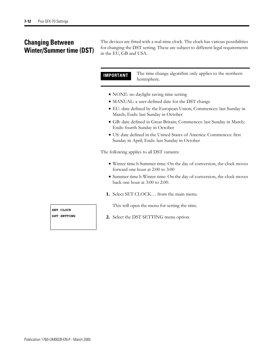 Changing between winter/summer time (dst), Changing between winter/summer time (dst) -12 | Rockwell Automation 1760-xxxx Pico GFX-70 Controllers User Manual User Manual | Page 340 / 400