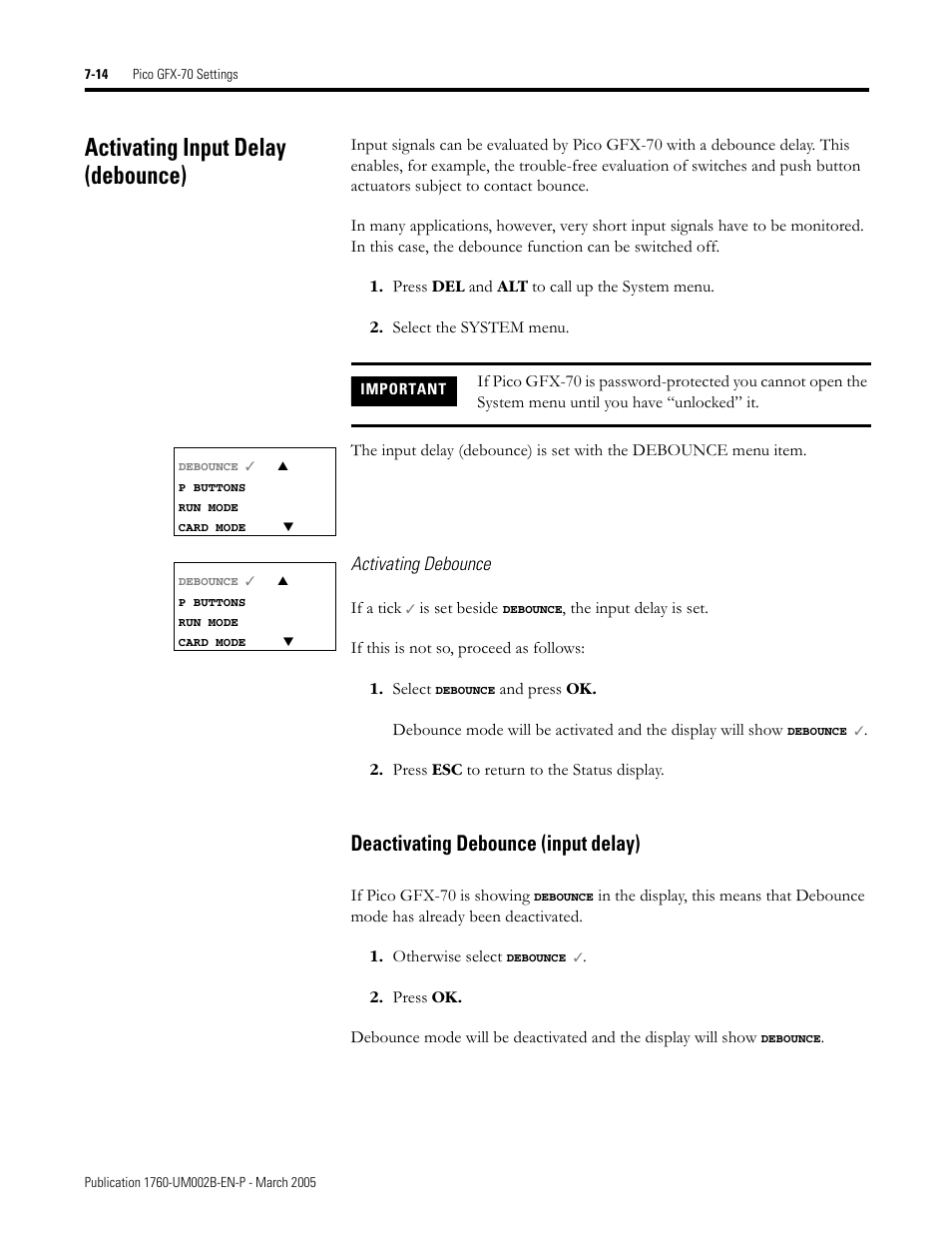 Activating input delay (debounce), Activating input delay (debounce) -14, Deactivating debounce (input delay) -14 | Deactivating debounce (input delay) | Rockwell Automation 1760-xxxx Pico GFX-70 Controllers User Manual User Manual | Page 342 / 400