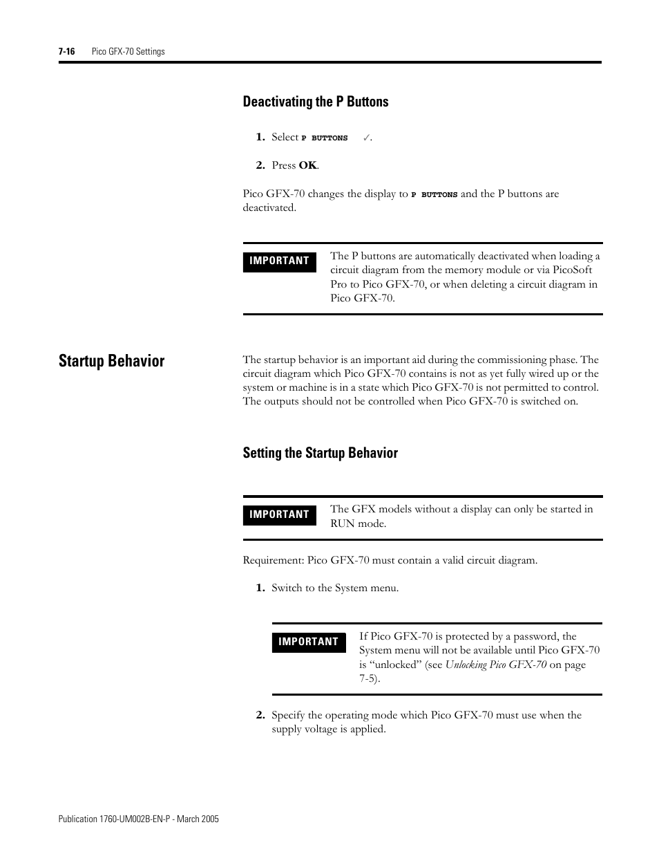 Startup behavior, Deactivating the p buttons -16, Startup behavior -16 | Setting the startup behavior -16, Deactivating the p buttons, Setting the startup behavior | Rockwell Automation 1760-xxxx Pico GFX-70 Controllers User Manual User Manual | Page 344 / 400