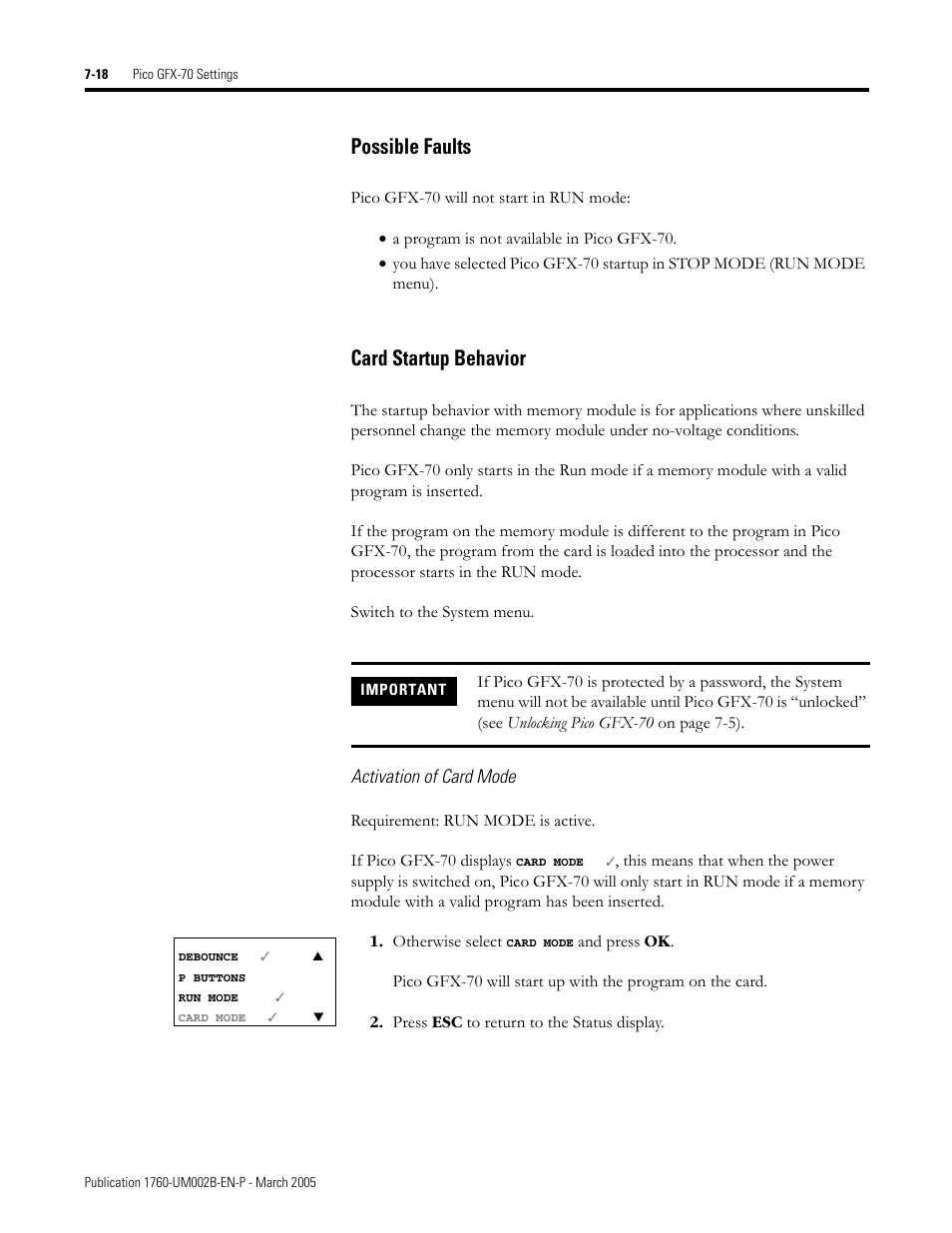 Possible faults -18 card startup behavior -18, Possible faults, Card startup behavior | Rockwell Automation 1760-xxxx Pico GFX-70 Controllers User Manual User Manual | Page 346 / 400