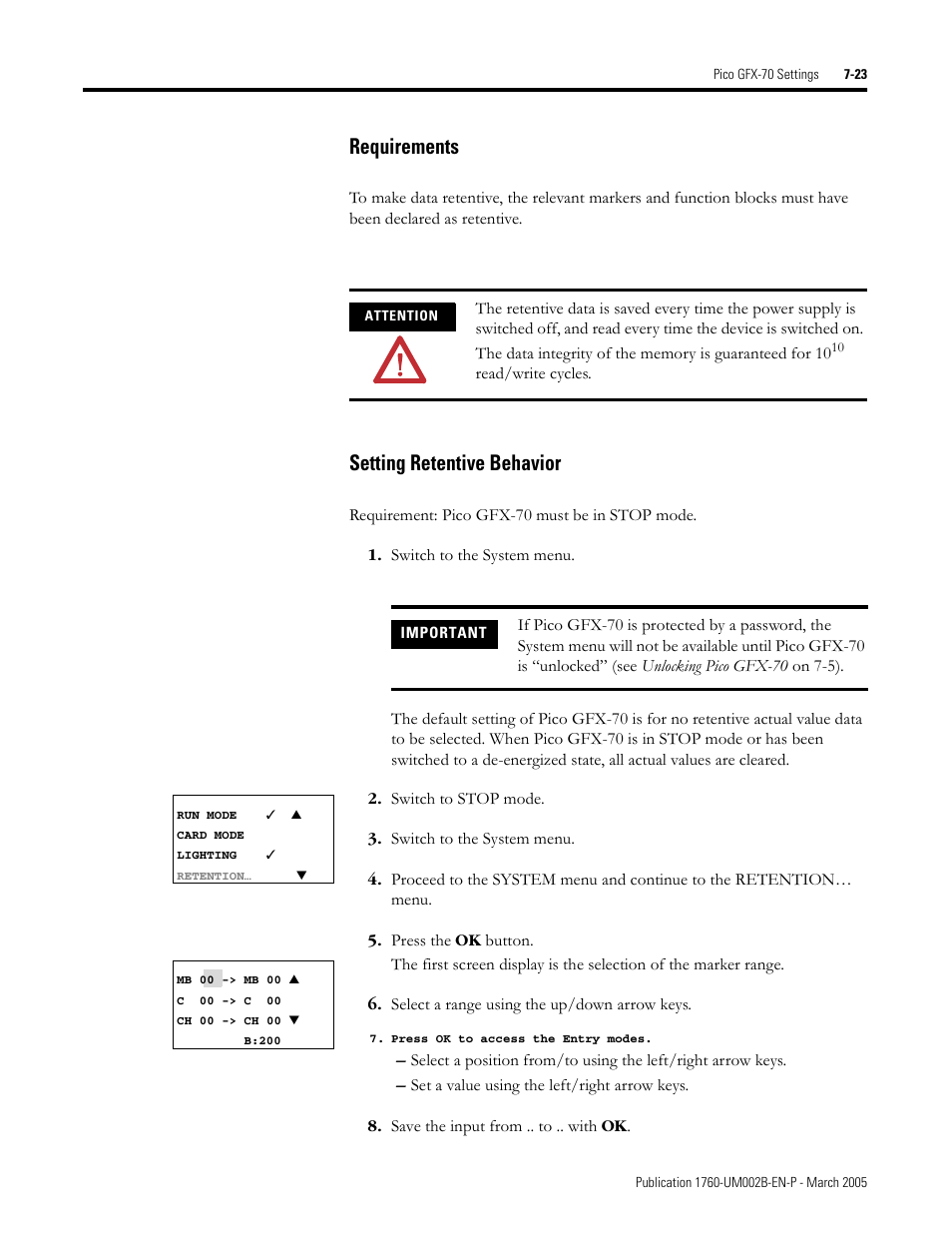 Requirements -23 setting retentive behavior -23, Requirements, Setting retentive behavior | Rockwell Automation 1760-xxxx Pico GFX-70 Controllers User Manual User Manual | Page 351 / 400