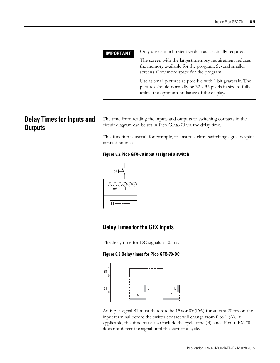 Delay times for inputs and outputs, Delay times for inputs and outputs -5, Delay times for the gfx inputs -5 | Delay times for the gfx inputs | Rockwell Automation 1760-xxxx Pico GFX-70 Controllers User Manual User Manual | Page 359 / 400