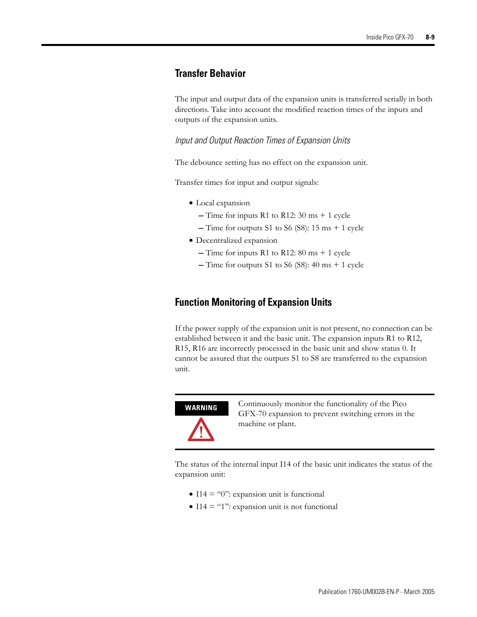 Transfer behavior, Function monitoring of expansion units | Rockwell Automation 1760-xxxx Pico GFX-70 Controllers User Manual User Manual | Page 363 / 400