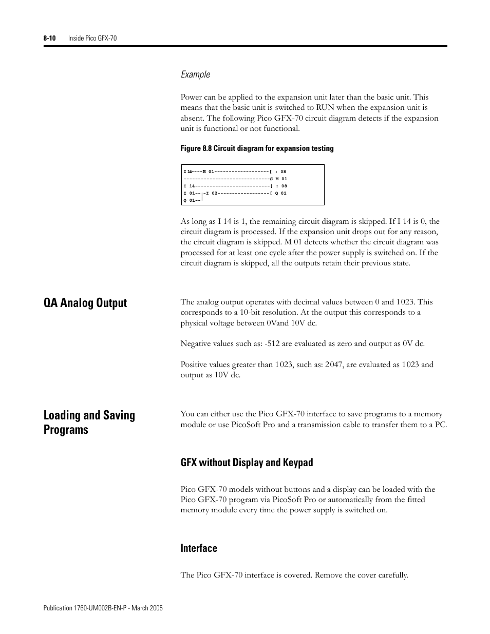 Qa analog output, Loading and saving programs, Gfx without display and keypad -10 interface -10 | Gfx without display and keypad, Interface | Rockwell Automation 1760-xxxx Pico GFX-70 Controllers User Manual User Manual | Page 364 / 400