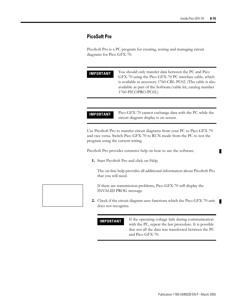 The picosoft pro s, Picosoft pro -15, Picosoft pro | Rockwell Automation 1760-xxxx Pico GFX-70 Controllers User Manual User Manual | Page 369 / 400