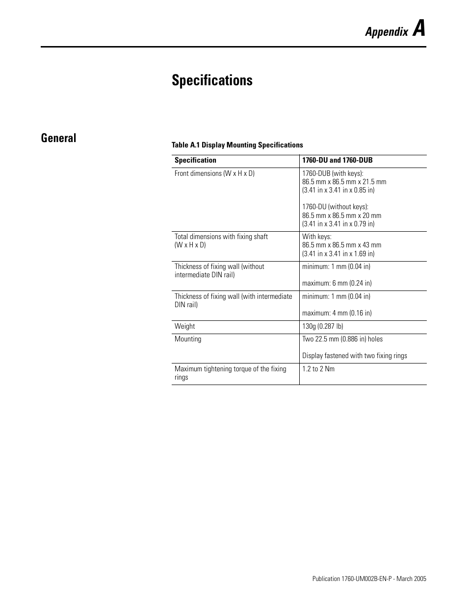 A - specifications, General, Appendix a | Specifications, A-1 f, Appendix | Rockwell Automation 1760-xxxx Pico GFX-70 Controllers User Manual User Manual | Page 373 / 400