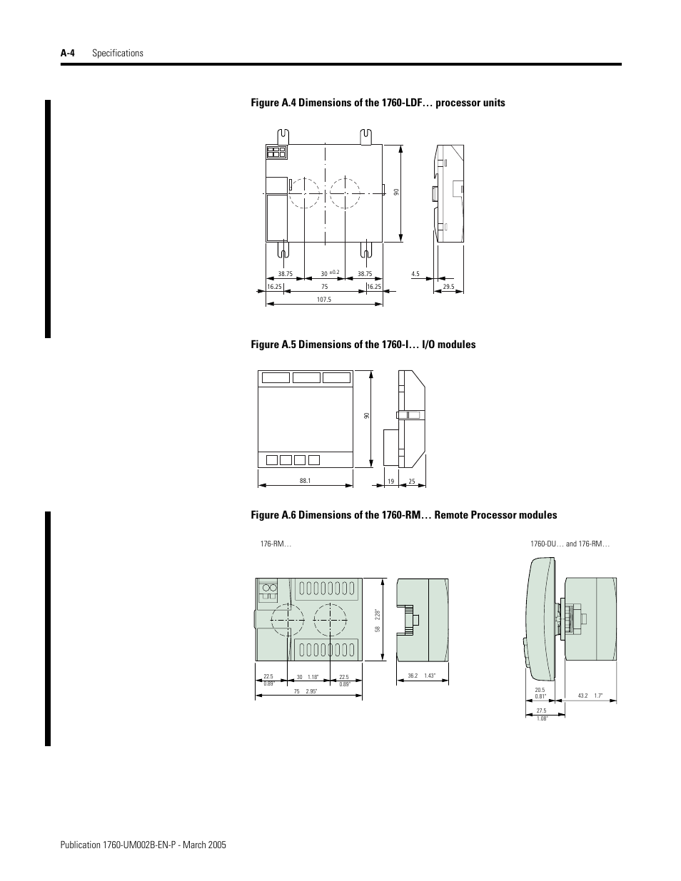 Figure a.4, Dimensions of the 1760-ldf… processor units, Added figure a.6 | Rockwell Automation 1760-xxxx Pico GFX-70 Controllers User Manual User Manual | Page 376 / 400