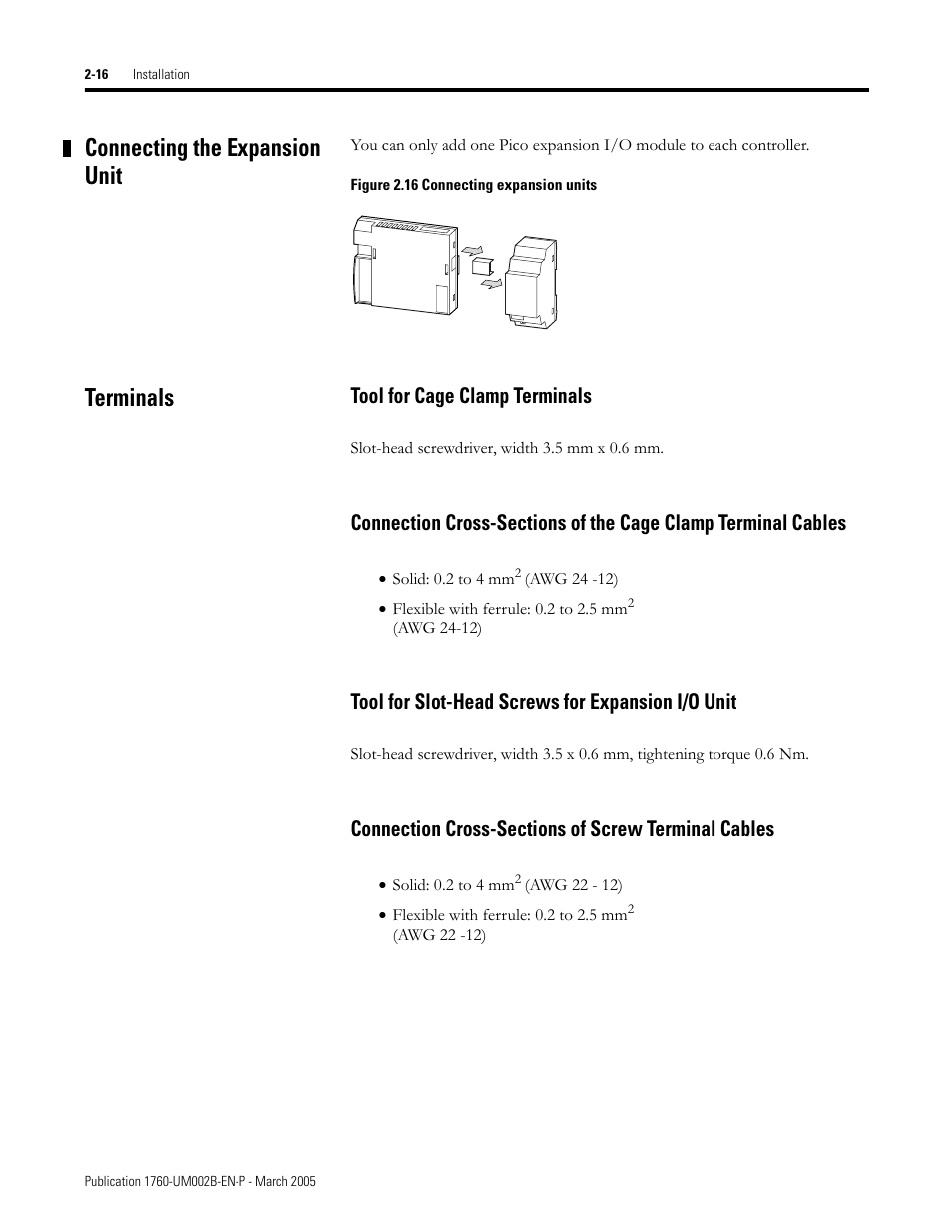 Connecting the expansion unit, Terminals, Connecting the expansion unit -16 terminals -16 | Tool for cage clamp terminals, Tool for slot-head screws for expansion i/o unit | Rockwell Automation 1760-xxxx Pico GFX-70 Controllers User Manual User Manual | Page 50 / 400