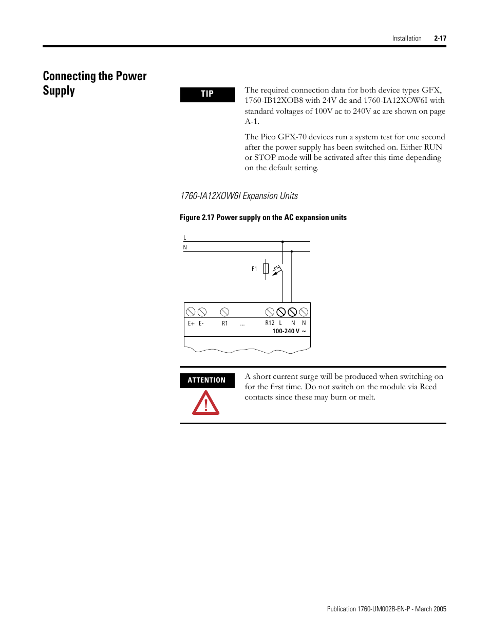 Connecting the power supply, Connecting the power supply -17 | Rockwell Automation 1760-xxxx Pico GFX-70 Controllers User Manual User Manual | Page 51 / 400