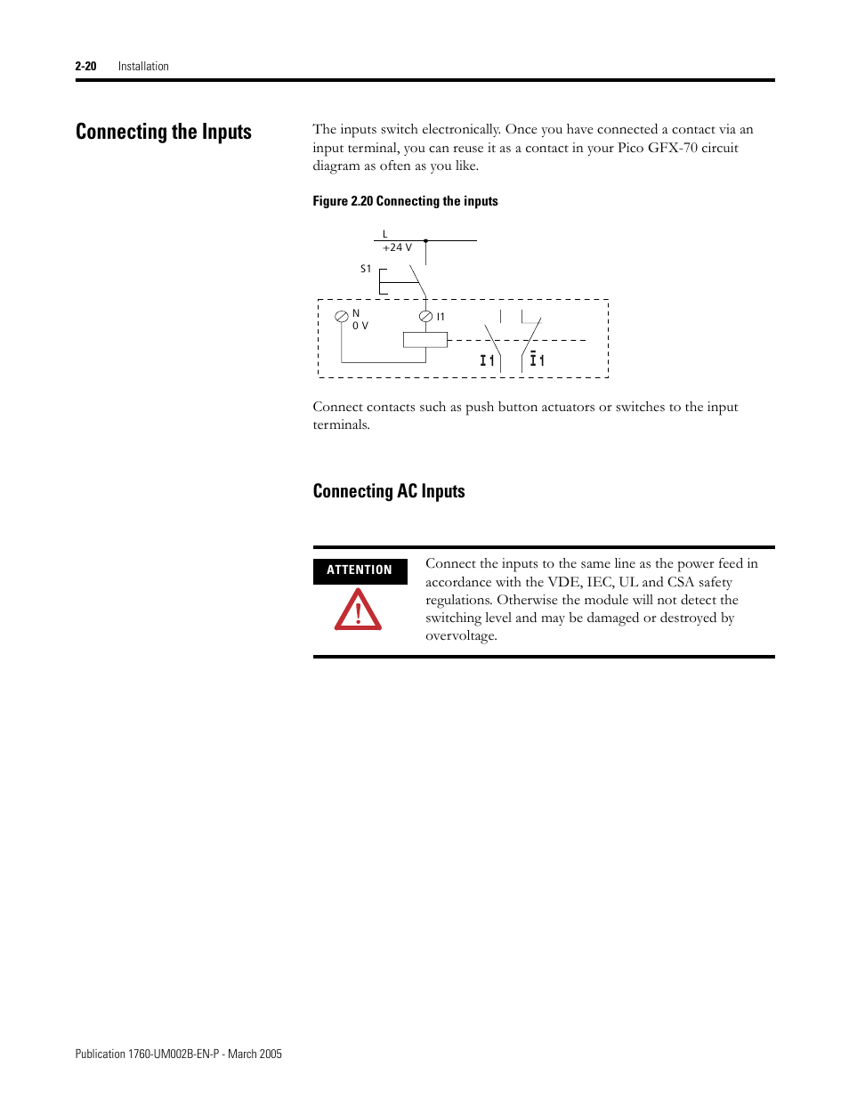 Connecting the inputs, Connecting the inputs -20, Connecting ac inputs -20 | Connecting ac inputs | Rockwell Automation 1760-xxxx Pico GFX-70 Controllers User Manual User Manual | Page 54 / 400