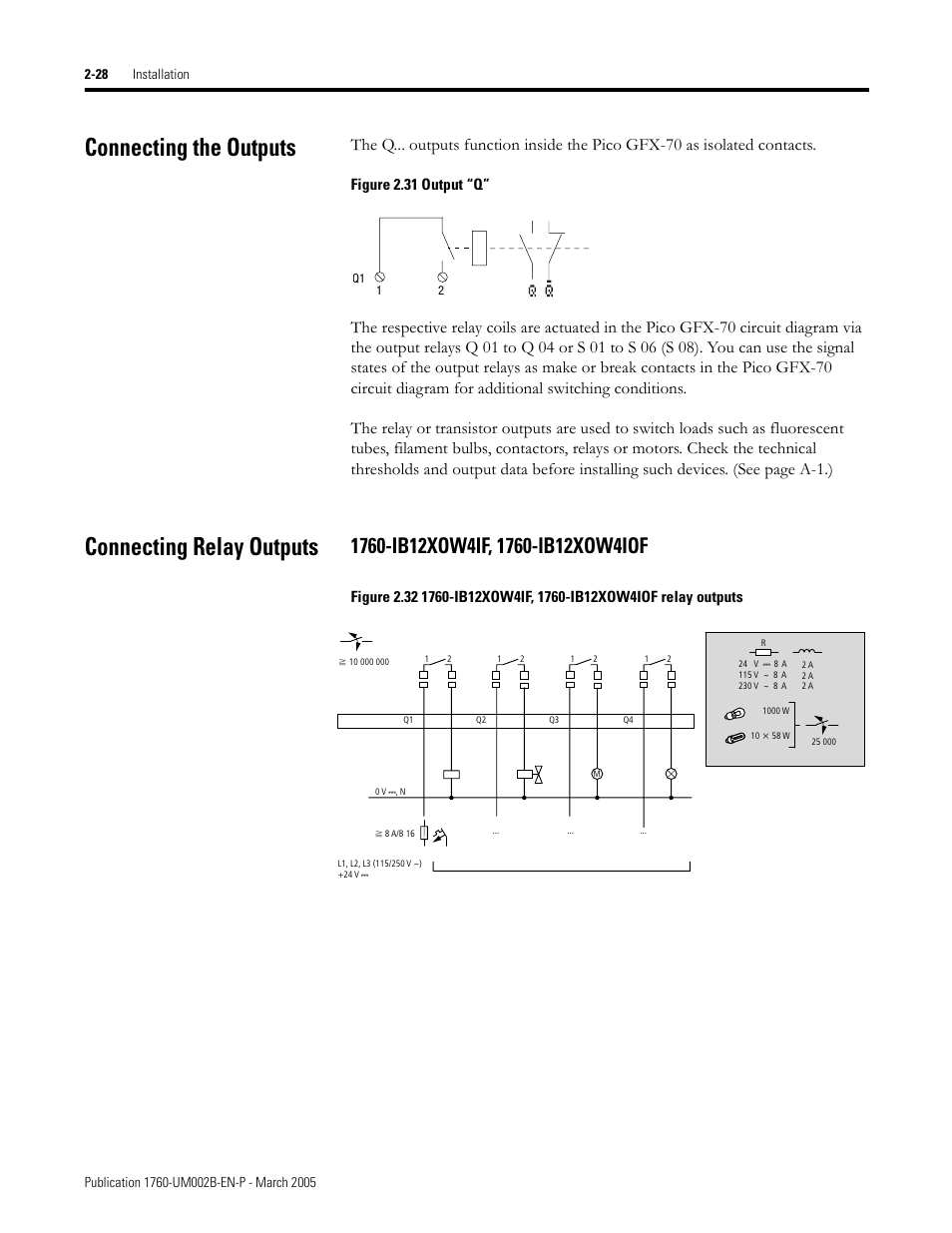 Connecting the outputs, Connecting relay outputs, 1760-ib12xow4if, 1760-ib12xow4iof -28 | Figure 2.31 output “q | Rockwell Automation 1760-xxxx Pico GFX-70 Controllers User Manual User Manual | Page 62 / 400