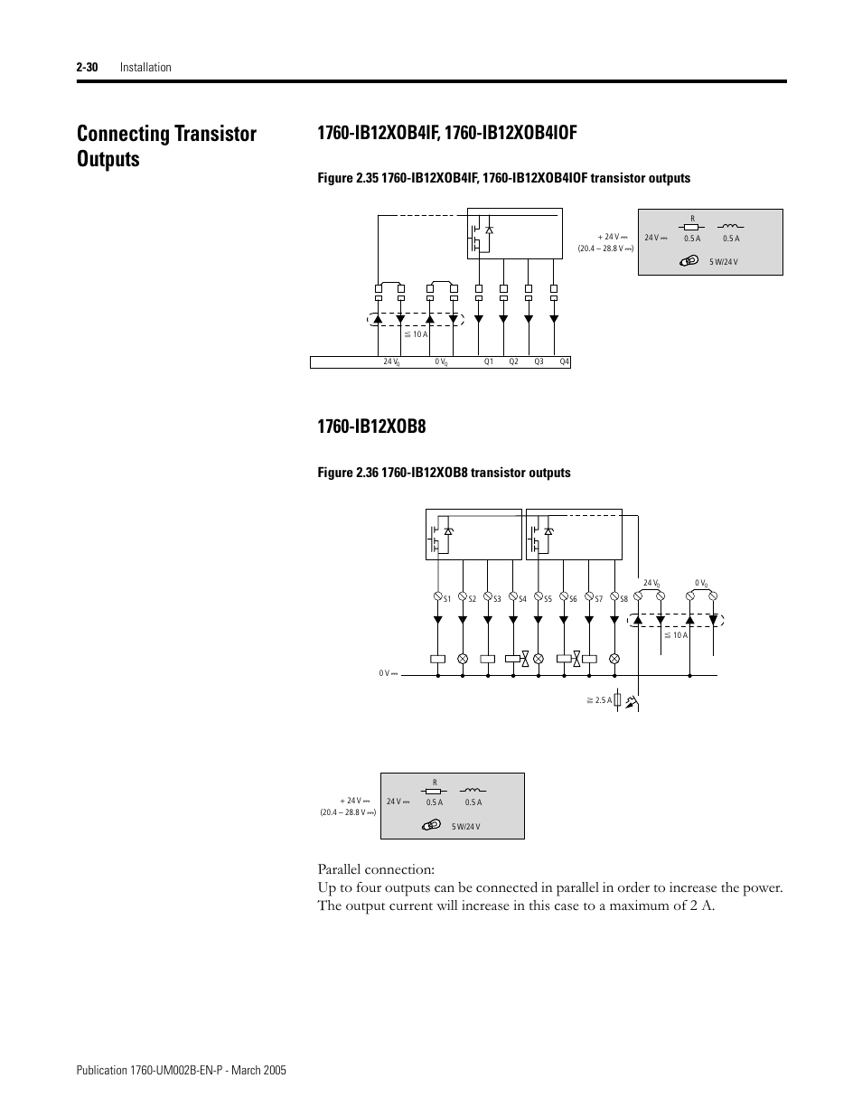 Connecting transistor outputs, Connecting transistor outputs -30, 1760-ib12xob4if, 1760-ib12xob4iof -30 | 1760-ib12xob8 -30 | Rockwell Automation 1760-xxxx Pico GFX-70 Controllers User Manual User Manual | Page 64 / 400