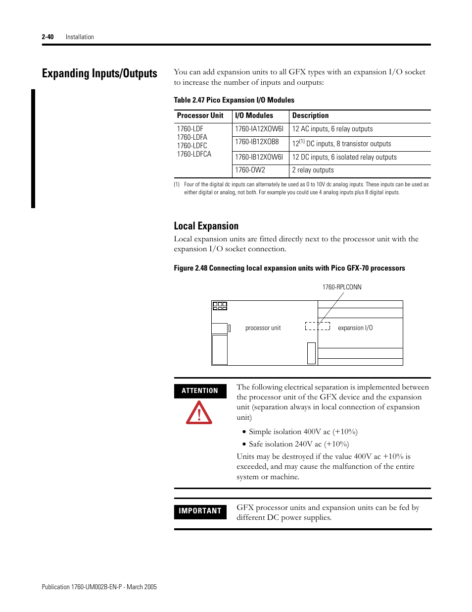 Expanding inputs/outputs, Pico expansion i/o modules, Expanding inputs/outputs -40 | Local expansion -40, Local expansion | Rockwell Automation 1760-xxxx Pico GFX-70 Controllers User Manual User Manual | Page 74 / 400