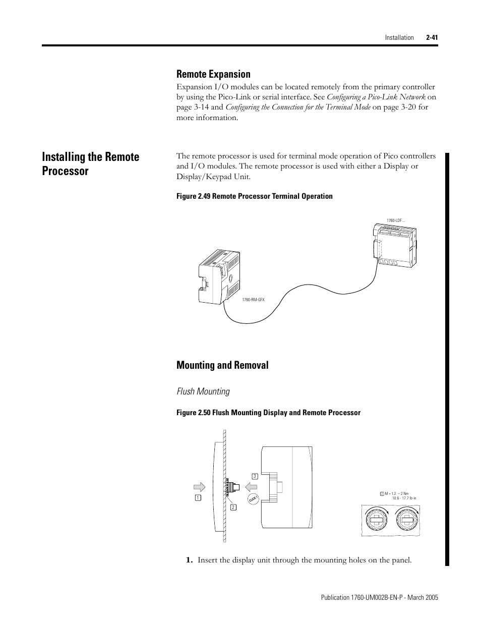 Installing the remote processor, Added installing the remote processor s, Remote expansion -41 | Installing the remote processor -41, Mounting and removal -41, Remote expansion, Mounting and removal, Flush mounting | Rockwell Automation 1760-xxxx Pico GFX-70 Controllers User Manual User Manual | Page 75 / 400