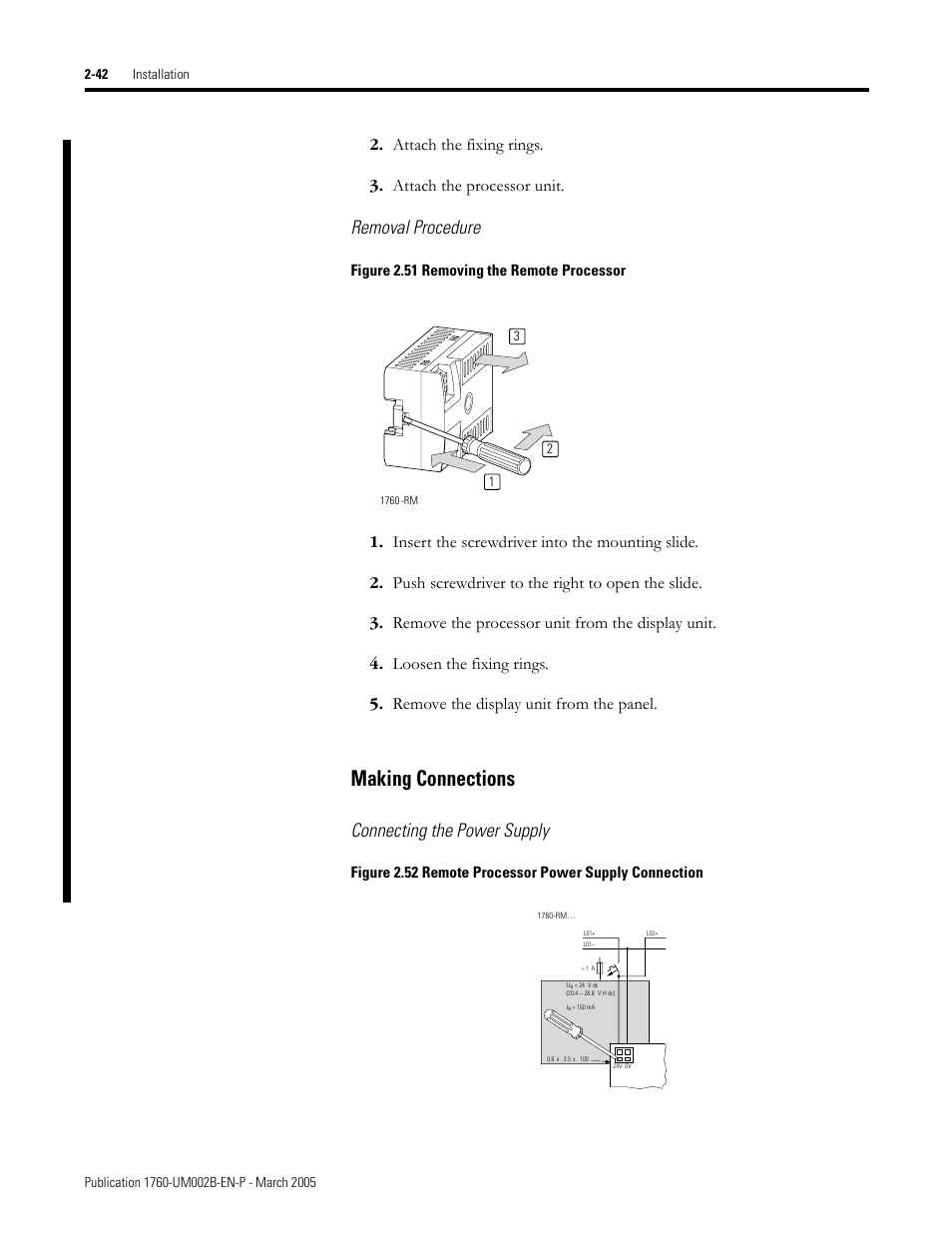 Making connections -42, Making connections, Removal procedure | Connecting the power supply | Rockwell Automation 1760-xxxx Pico GFX-70 Controllers User Manual User Manual | Page 76 / 400