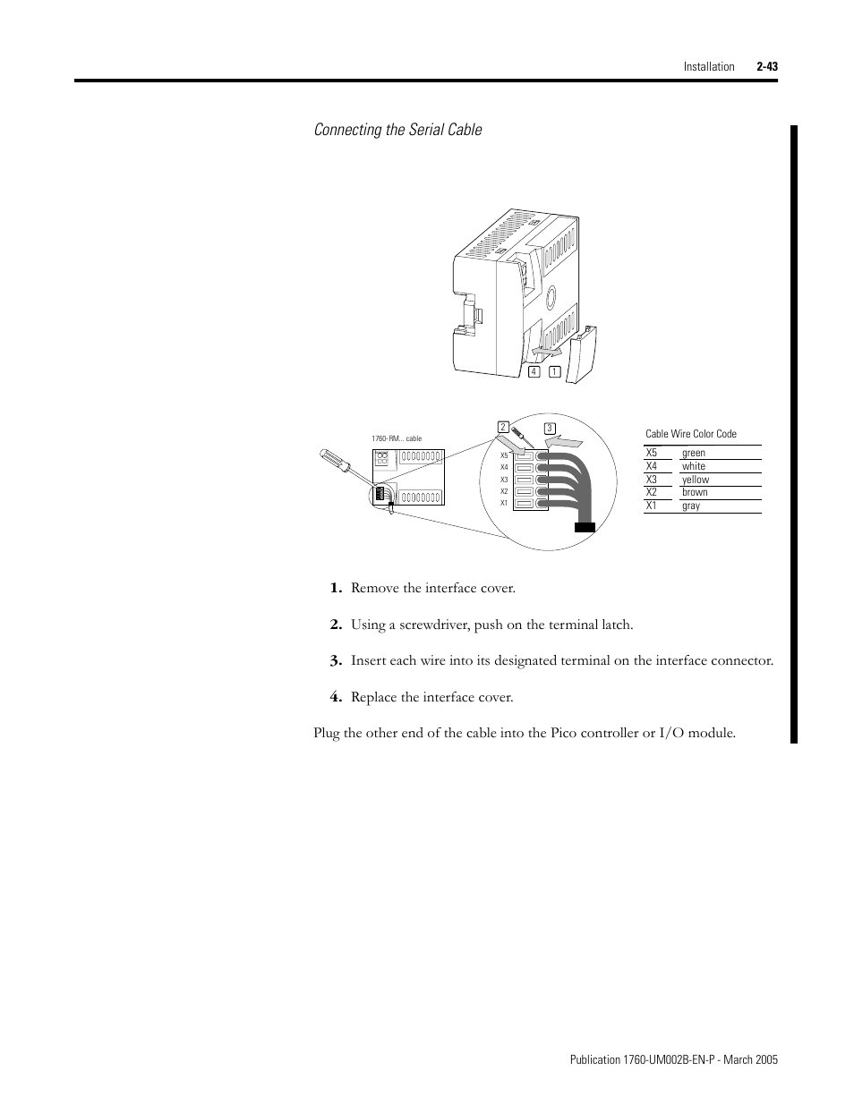 Connecting the serial cable | Rockwell Automation 1760-xxxx Pico GFX-70 Controllers User Manual User Manual | Page 77 / 400