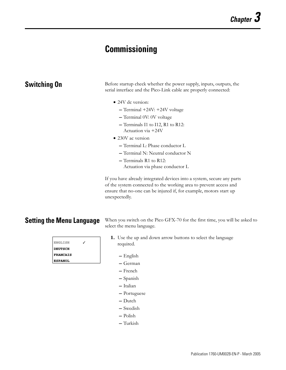 3 - commissioning, Switching on, Setting the menu language | Chapter 3, Commissioning, Switching on -1 setting the menu language -1, Chapter | Rockwell Automation 1760-xxxx Pico GFX-70 Controllers User Manual User Manual | Page 79 / 400