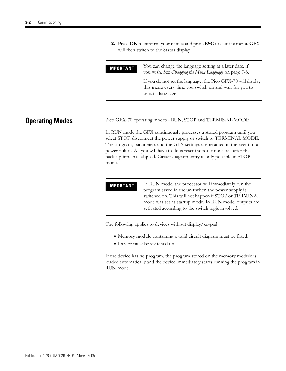 Operating modes, Operating modes -2 | Rockwell Automation 1760-xxxx Pico GFX-70 Controllers User Manual User Manual | Page 80 / 400