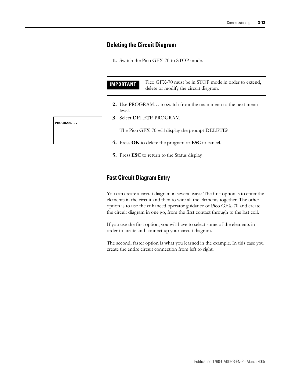 Deleting the circuit diagram, Fast circuit diagram entry | Rockwell Automation 1760-xxxx Pico GFX-70 Controllers User Manual User Manual | Page 91 / 400