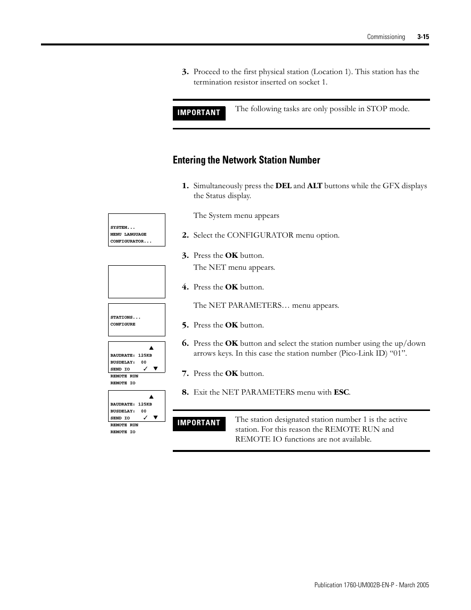 Entering the network station number -15, Entering the network station number, The following tasks are only possible in stop mode | Rockwell Automation 1760-xxxx Pico GFX-70 Controllers User Manual User Manual | Page 93 / 400