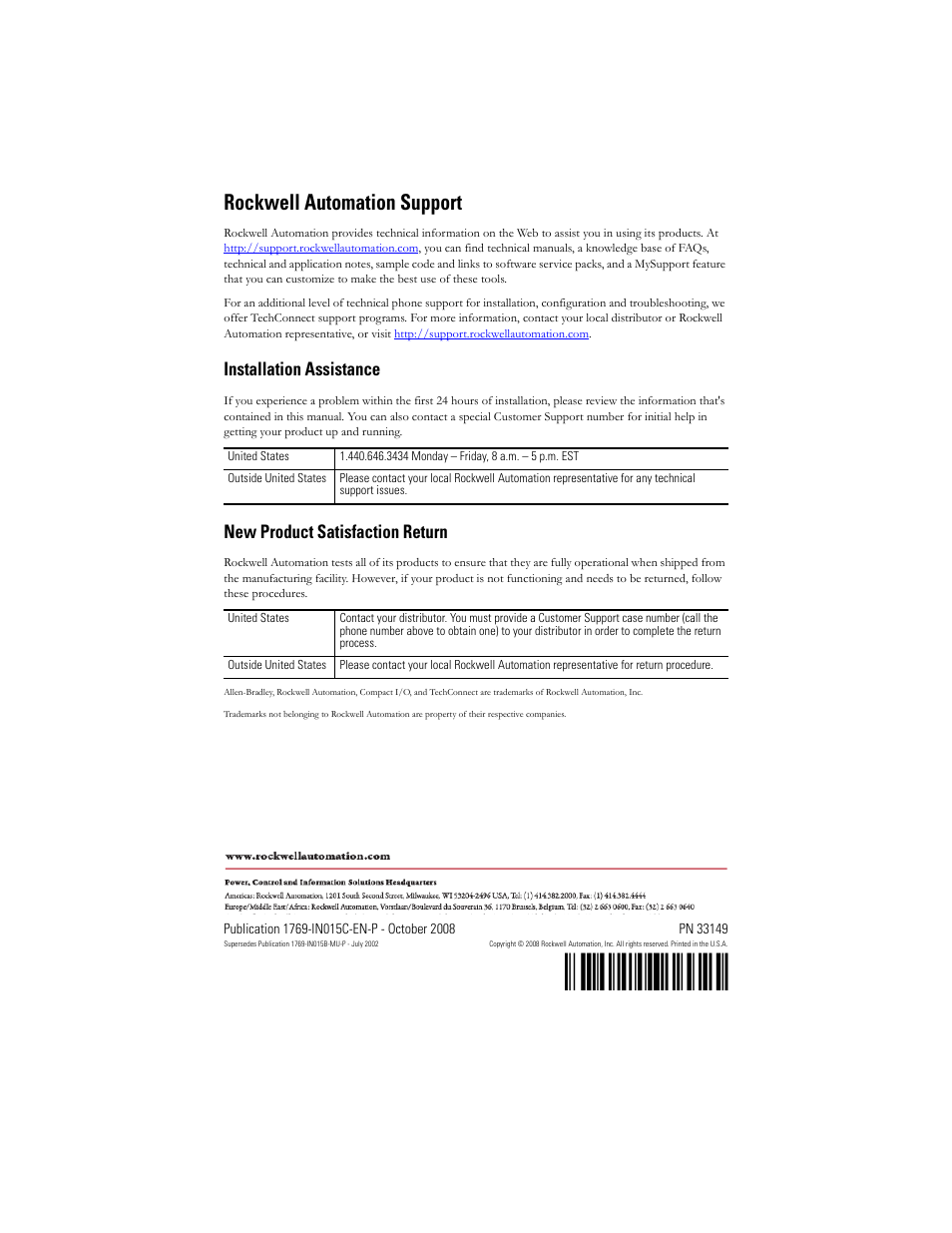 Back cover, Pn-3•?ql, Rockwell automation support | Installation assistance, New product satisfaction return | Rockwell Automation 1769-ECR Compact I/O End Caps/Terminator User Manual | Page 12 / 12