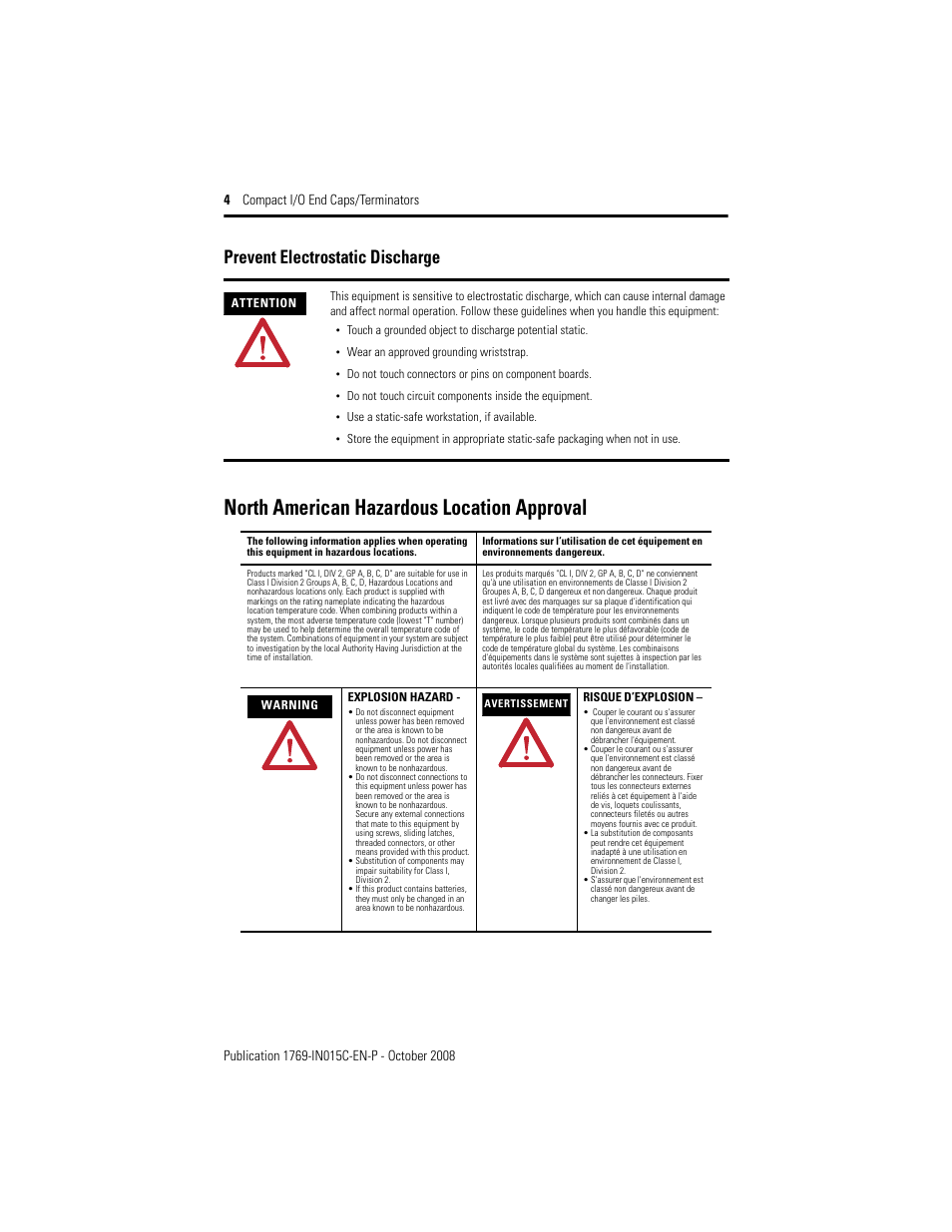 North american hazardous location approval, Prevent electrostatic discharge | Rockwell Automation 1769-ECR Compact I/O End Caps/Terminator User Manual | Page 4 / 12