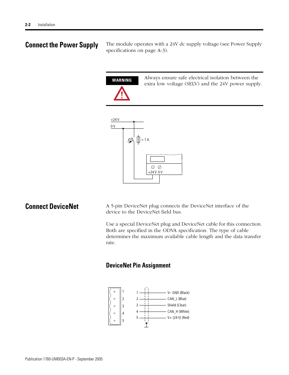 Connect the power supply, Connect devicenet, Connect the power supply -2 connect devicenet -2 | Devicenet pin assignment | Rockwell Automation 1760-DNET Pico DeviceNet Communications Module User Manual User Manual | Page 14 / 168