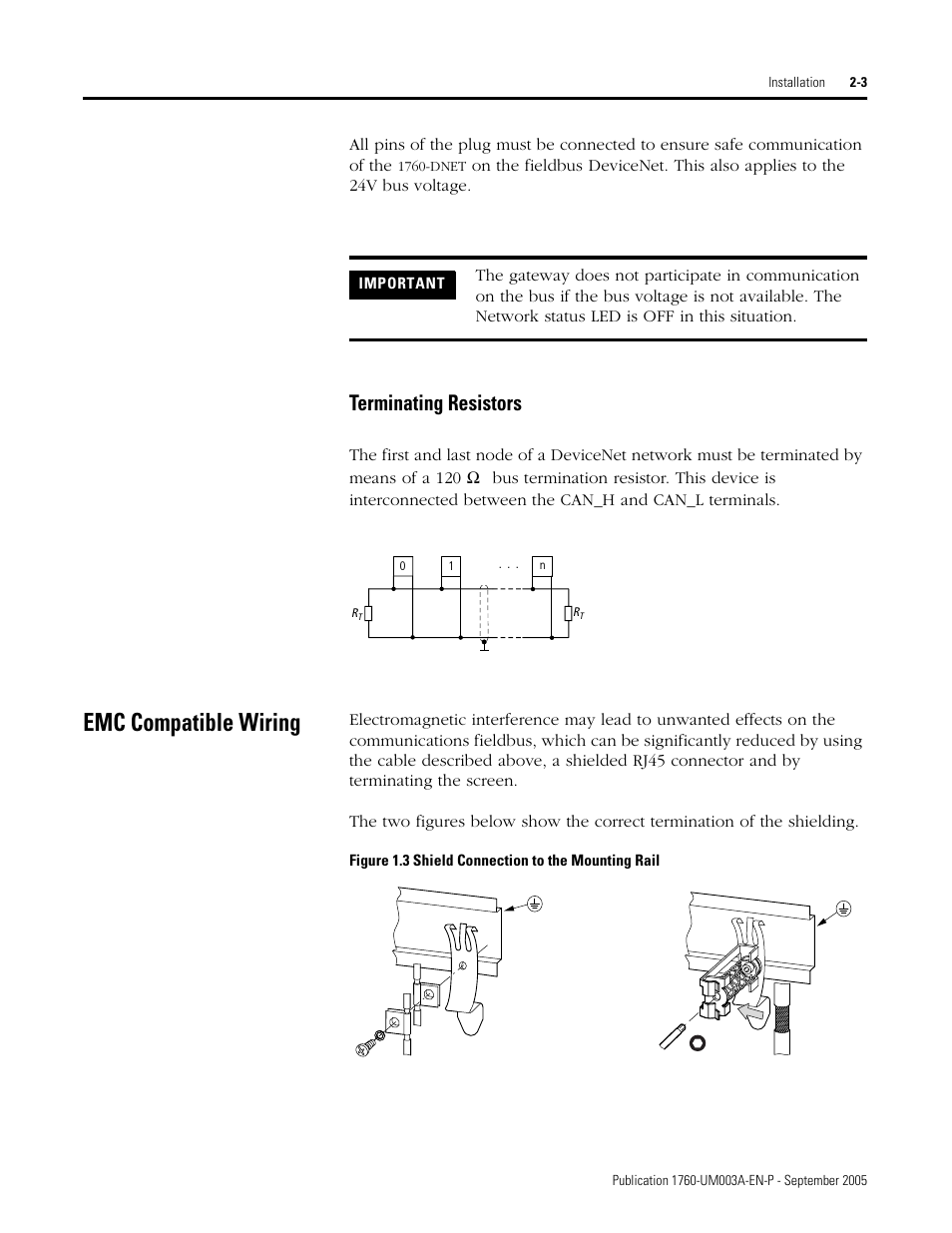 Emc compatible wiring, Emc compatible wiring -3, Terminating resistors | Rockwell Automation 1760-DNET Pico DeviceNet Communications Module User Manual User Manual | Page 15 / 168