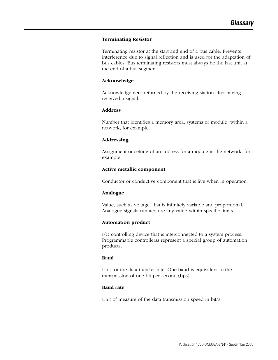 Glossary | Rockwell Automation 1760-DNET Pico DeviceNet Communications Module User Manual User Manual | Page 153 / 168