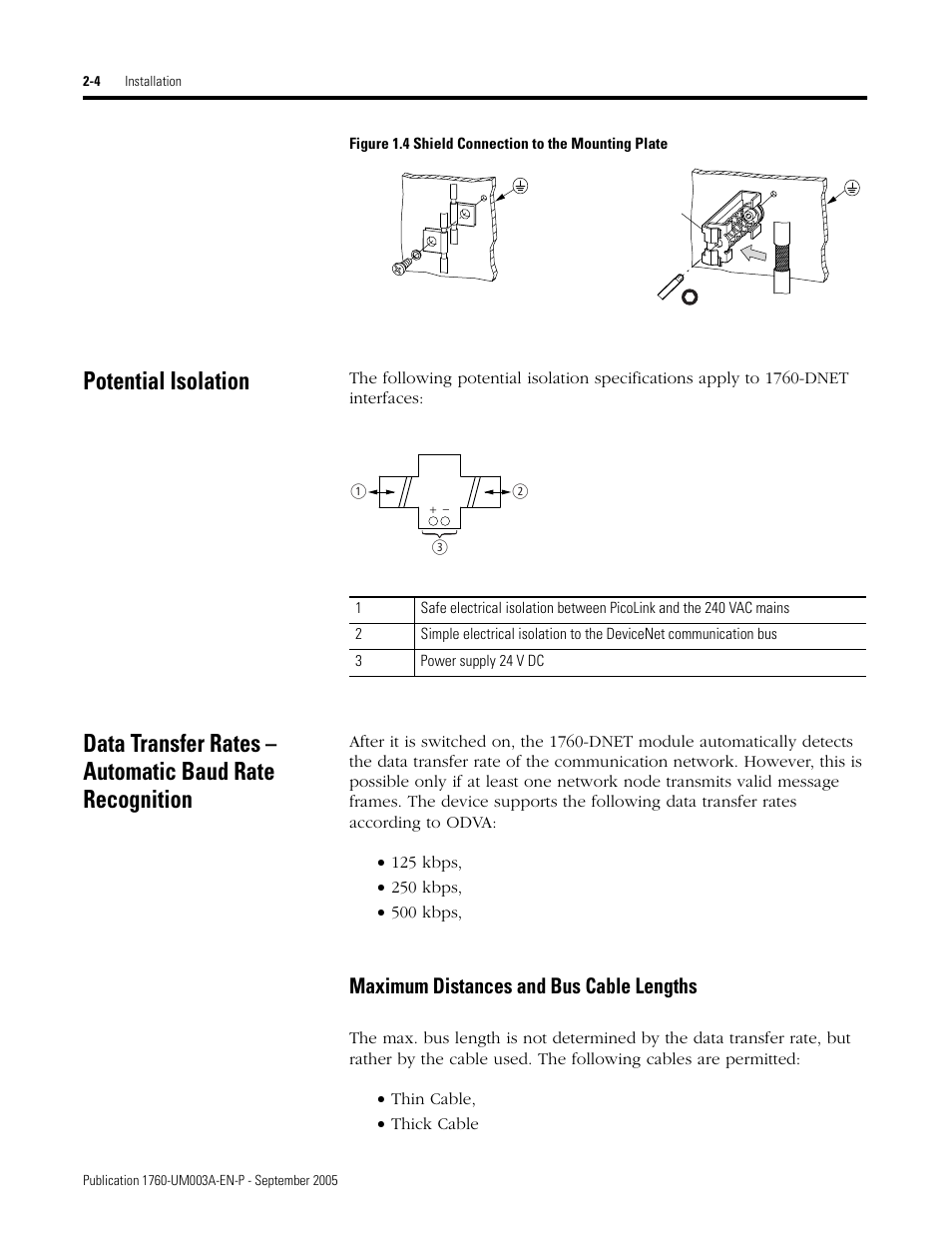 Potential isolation, Maximum distances and bus cable lengths | Rockwell Automation 1760-DNET Pico DeviceNet Communications Module User Manual User Manual | Page 16 / 168