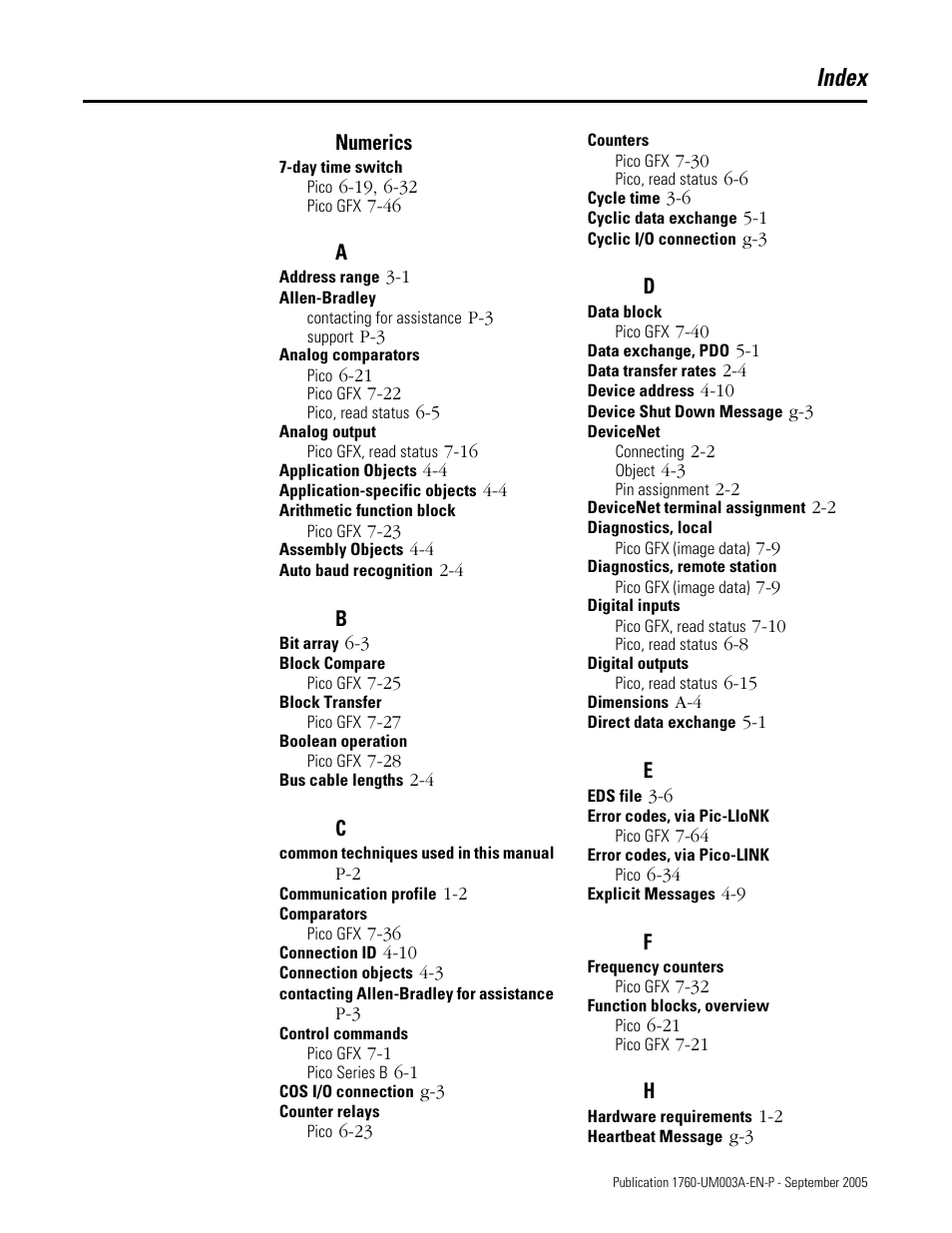 Index, Numerics | Rockwell Automation 1760-DNET Pico DeviceNet Communications Module User Manual User Manual | Page 165 / 168