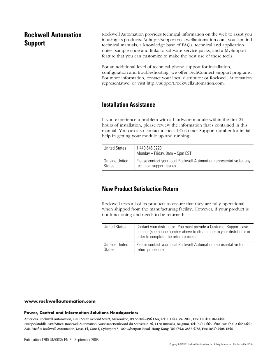 Back cover, Rockwell automation support, Installation assistance | New product satisfaction return | Rockwell Automation 1760-DNET Pico DeviceNet Communications Module User Manual User Manual | Page 168 / 168