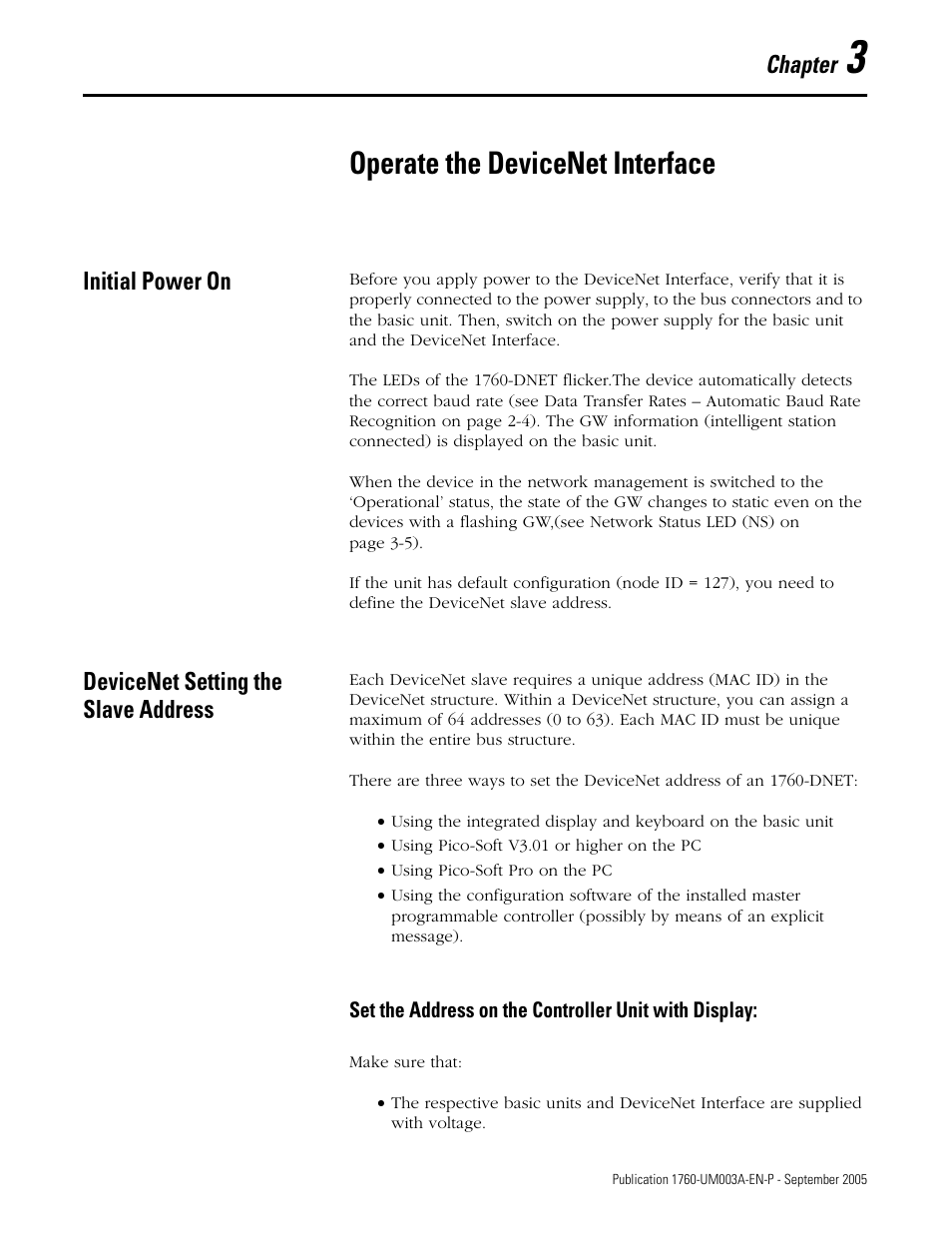 3 - operate the devicenet interface, Initial power on, Devicenet setting the slave address | Chapter 3, Operate the devicenet interface, Chapter | Rockwell Automation 1760-DNET Pico DeviceNet Communications Module User Manual User Manual | Page 19 / 168