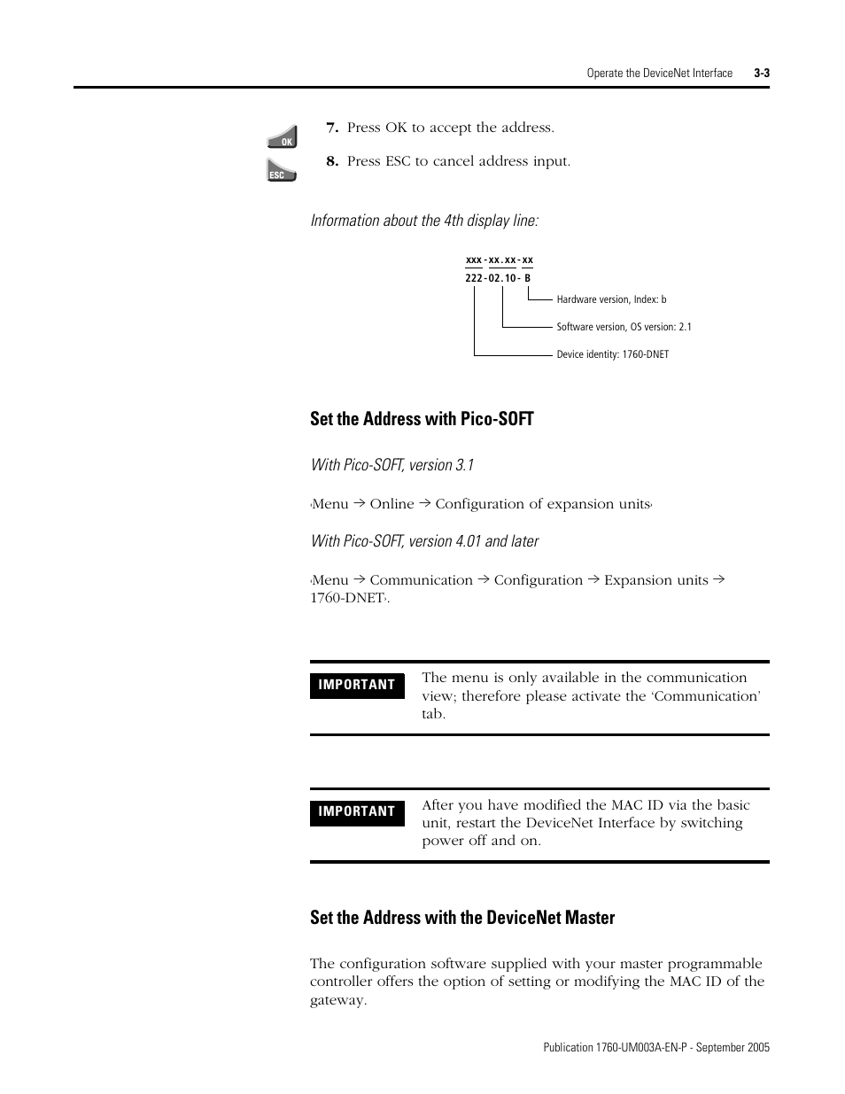 Set the address with pico-soft, Set the address with the devicenet master | Rockwell Automation 1760-DNET Pico DeviceNet Communications Module User Manual User Manual | Page 21 / 168