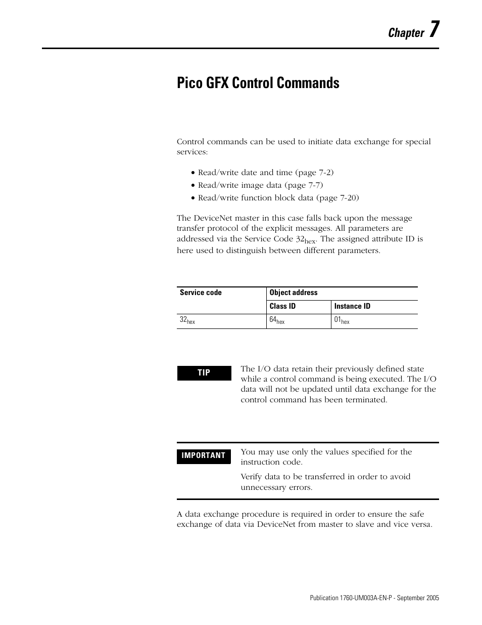 7 - pico gfx control commands, Chapter 7, Pico gfx control commands | Chapter | Rockwell Automation 1760-DNET Pico DeviceNet Communications Module User Manual User Manual | Page 81 / 168