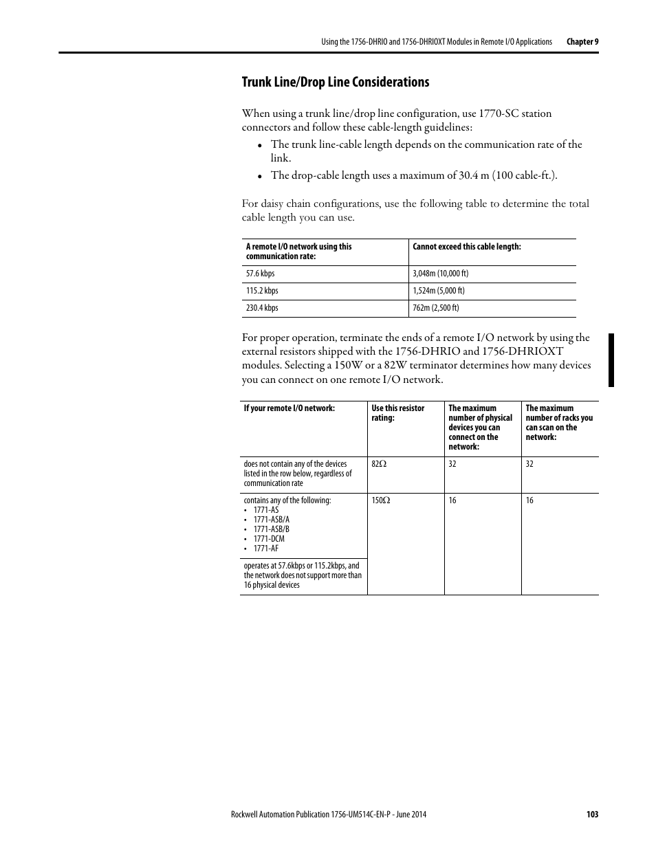 Trunk line/drop line considerations | Rockwell Automation 1756-DHRIO_DHRIOXT ControlLogix Data Highway Plus-Remote I/O Communication Interface Module User Manual | Page 103 / 176