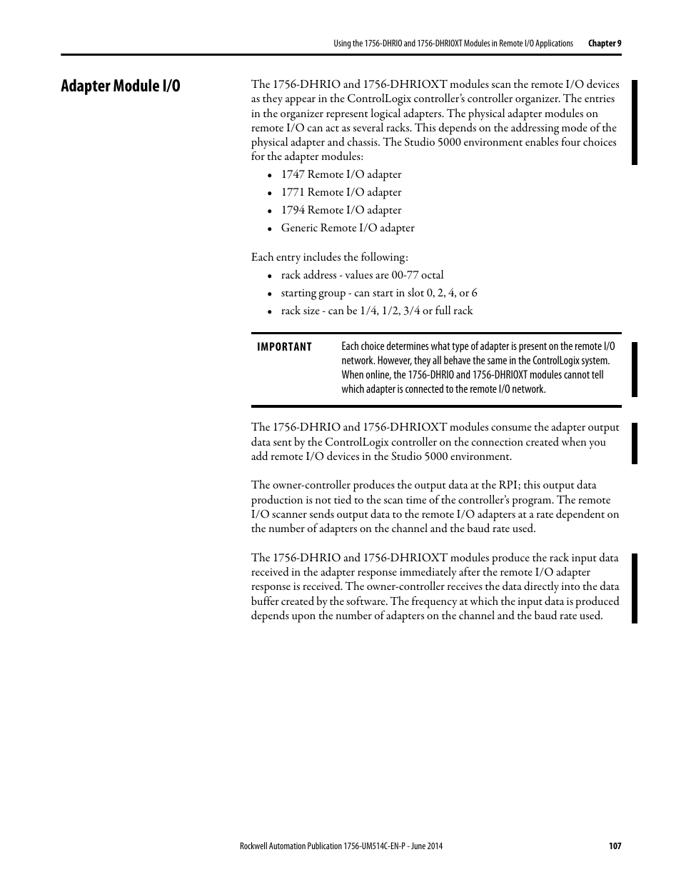 Adapter module i/o | Rockwell Automation 1756-DHRIO_DHRIOXT ControlLogix Data Highway Plus-Remote I/O Communication Interface Module User Manual | Page 107 / 176