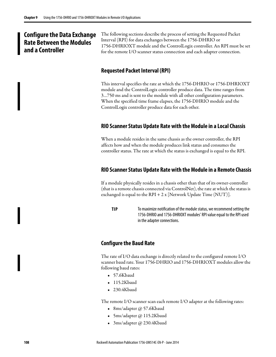 Requested packet interval (rpi), Configure the baud rate, Rio scanner status update rate with the module | Rockwell Automation 1756-DHRIO_DHRIOXT ControlLogix Data Highway Plus-Remote I/O Communication Interface Module User Manual | Page 108 / 176