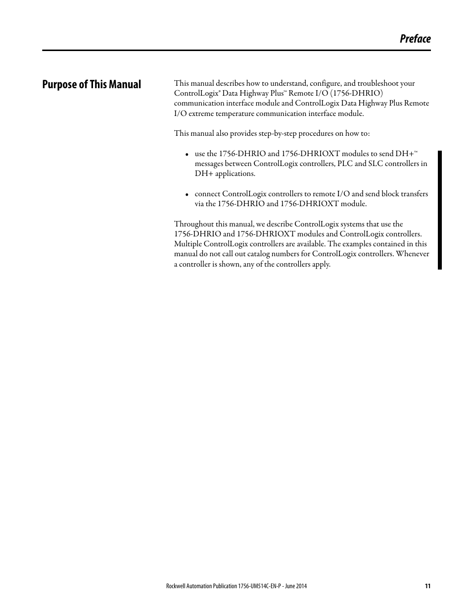 Preface, Purpose of this manual, Preface purpose of this manual | Rockwell Automation 1756-DHRIO_DHRIOXT ControlLogix Data Highway Plus-Remote I/O Communication Interface Module User Manual | Page 11 / 176