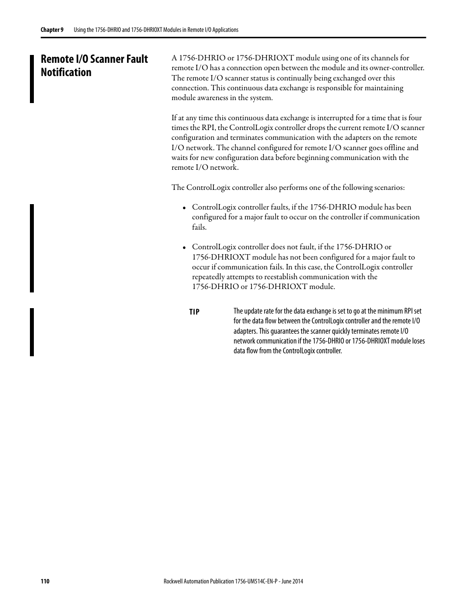 Remote i/o scanner fault notification | Rockwell Automation 1756-DHRIO_DHRIOXT ControlLogix Data Highway Plus-Remote I/O Communication Interface Module User Manual | Page 110 / 176