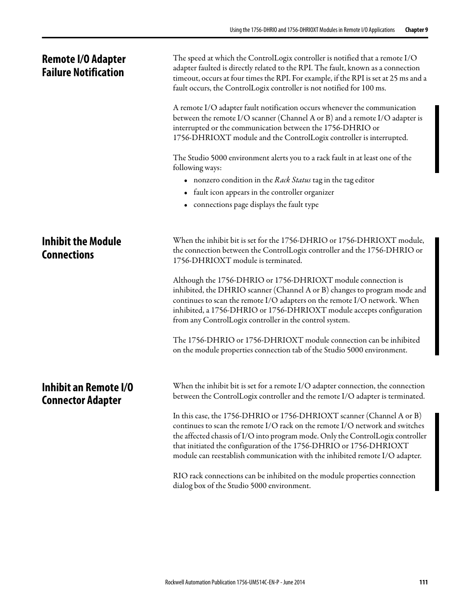 Remote i/o adapter failure notification, Inhibit the module connections, Inhibit an remote i/o connector adapter | Rockwell Automation 1756-DHRIO_DHRIOXT ControlLogix Data Highway Plus-Remote I/O Communication Interface Module User Manual | Page 111 / 176