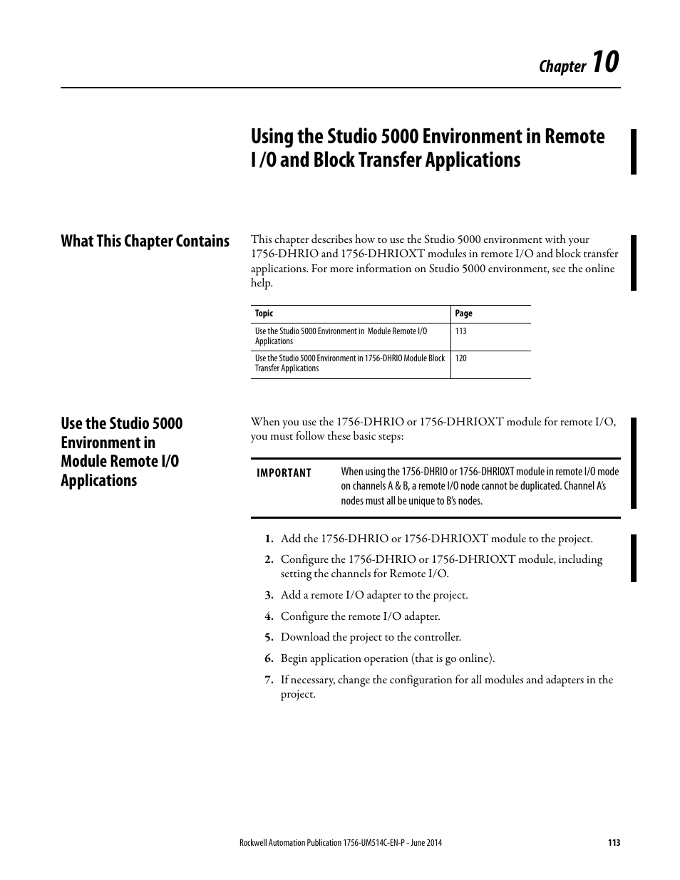 What this chapter contains, Chapter 10, Chapter | Rockwell Automation 1756-DHRIO_DHRIOXT ControlLogix Data Highway Plus-Remote I/O Communication Interface Module User Manual | Page 113 / 176