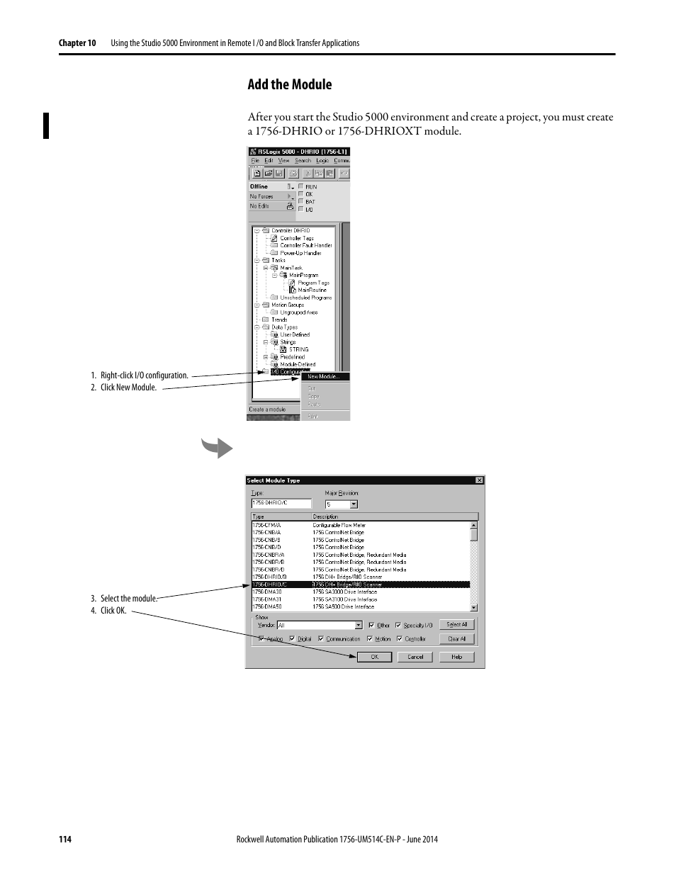 Add the module | Rockwell Automation 1756-DHRIO_DHRIOXT ControlLogix Data Highway Plus-Remote I/O Communication Interface Module User Manual | Page 114 / 176
