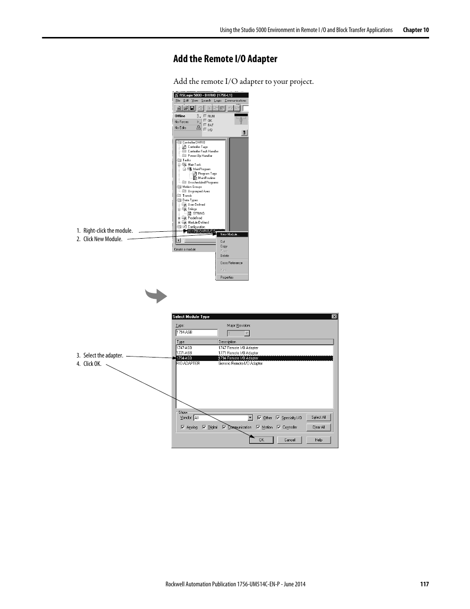 Add the remote i/o adapter | Rockwell Automation 1756-DHRIO_DHRIOXT ControlLogix Data Highway Plus-Remote I/O Communication Interface Module User Manual | Page 117 / 176