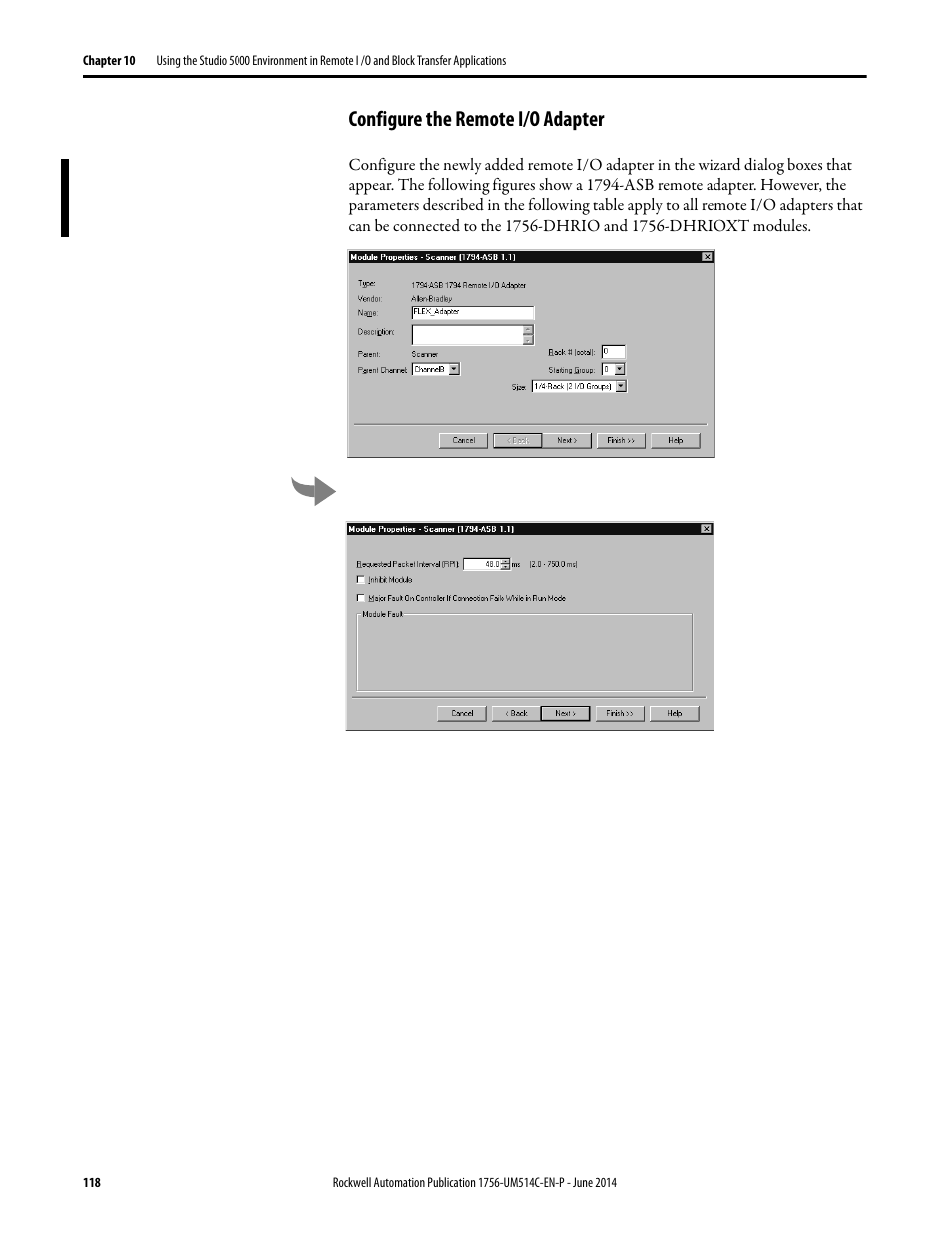 Configure the remote i/o adapter | Rockwell Automation 1756-DHRIO_DHRIOXT ControlLogix Data Highway Plus-Remote I/O Communication Interface Module User Manual | Page 118 / 176