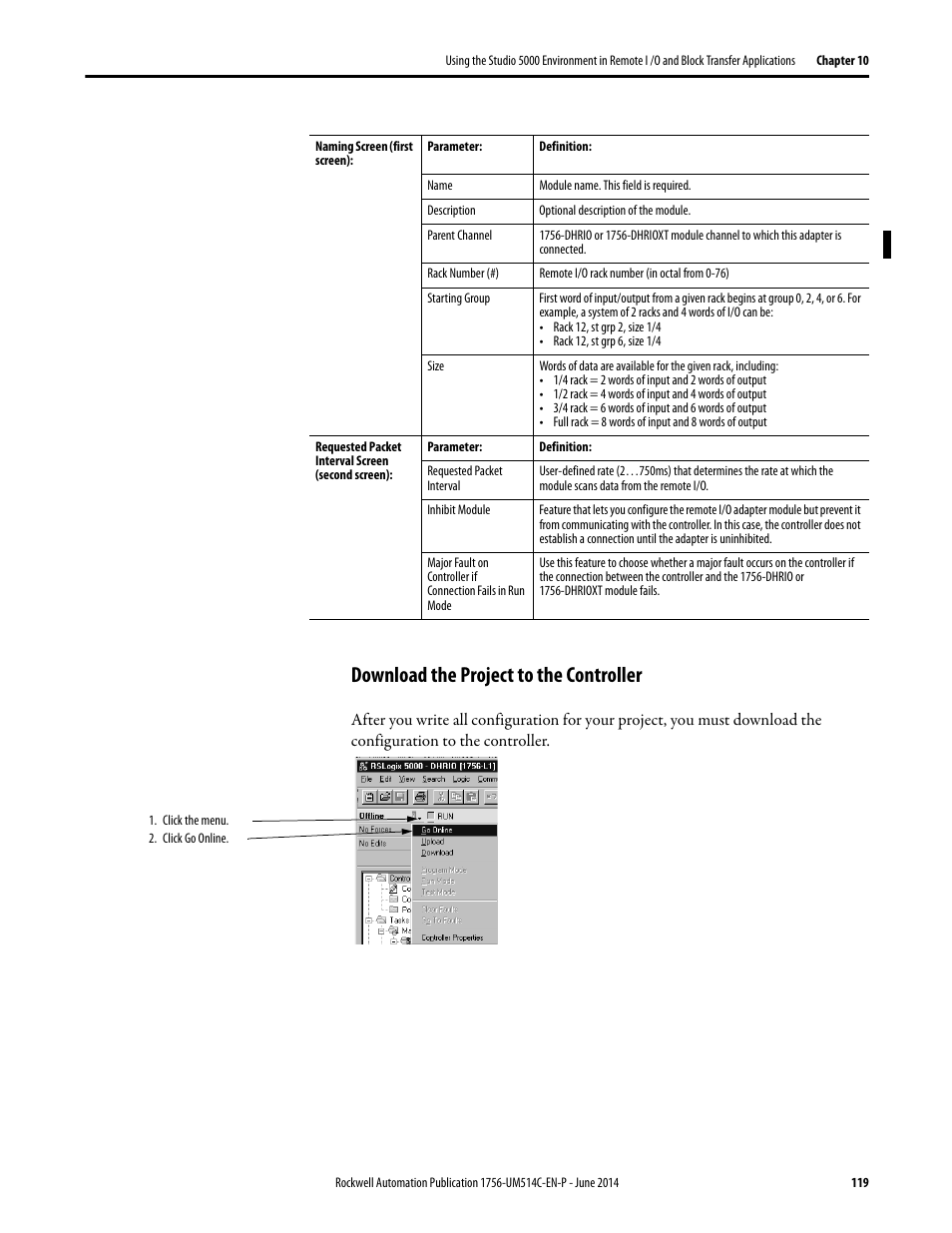Download the project to the controller | Rockwell Automation 1756-DHRIO_DHRIOXT ControlLogix Data Highway Plus-Remote I/O Communication Interface Module User Manual | Page 119 / 176