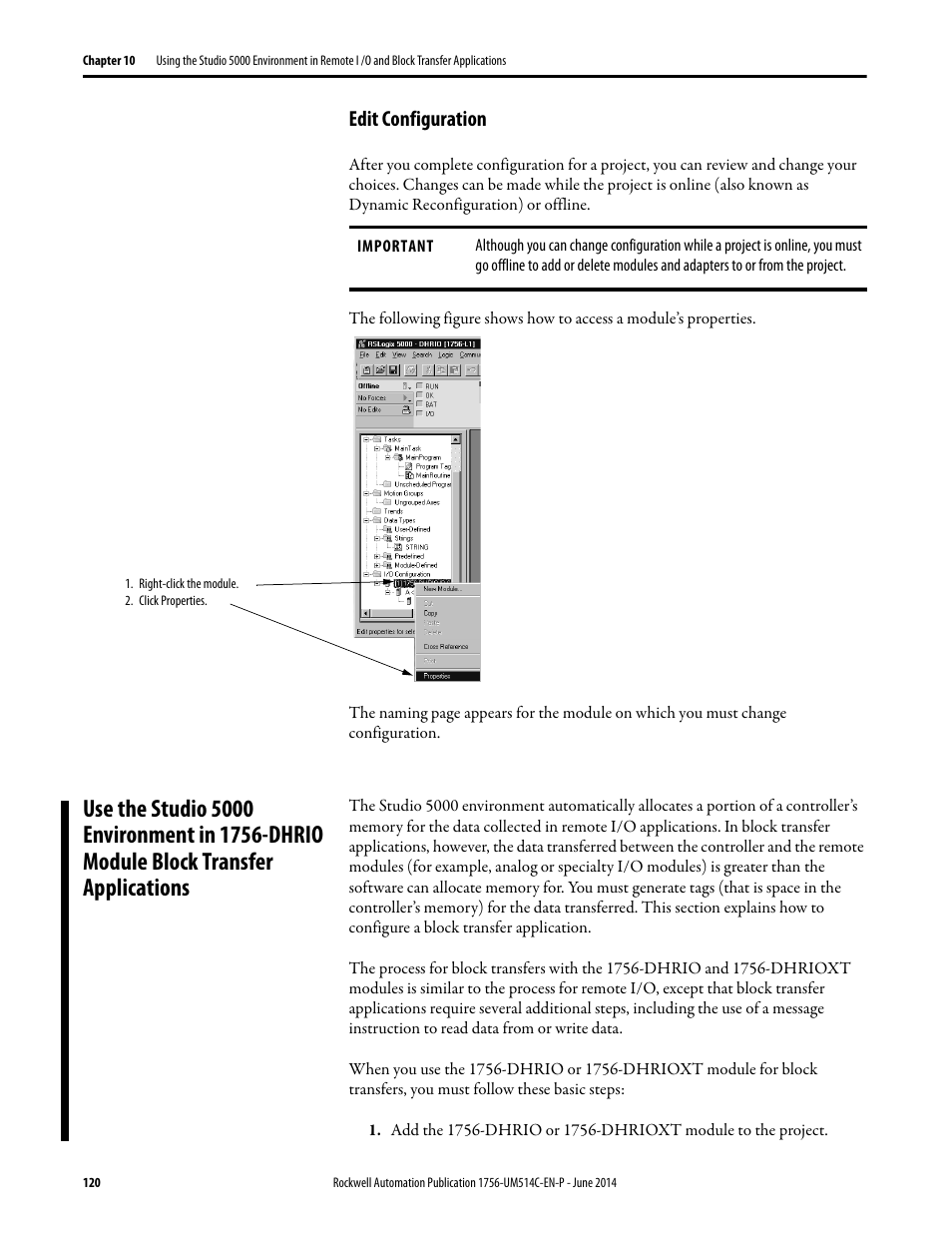 Edit configuration, Use the studio 5000 environment in 1756-dhrio | Rockwell Automation 1756-DHRIO_DHRIOXT ControlLogix Data Highway Plus-Remote I/O Communication Interface Module User Manual | Page 120 / 176